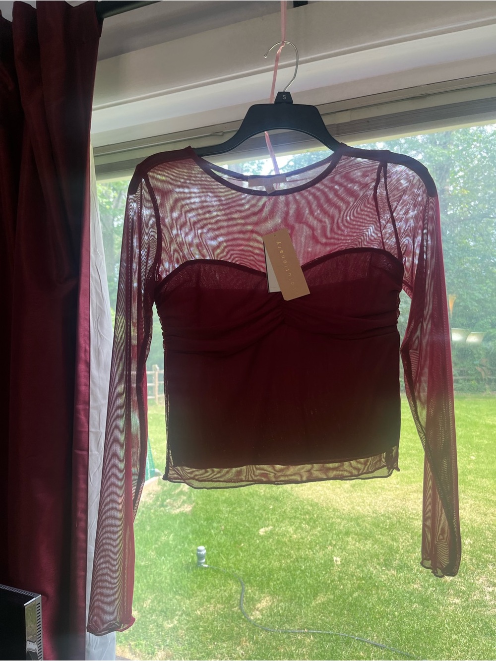 Sheer Long-Sleeve Burgundy Mesh Top with Bust Detail